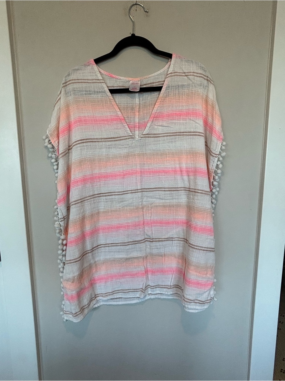 Xhilaration Pink and Cream Striped Pom-Pom Beach Cover-Up Tunic